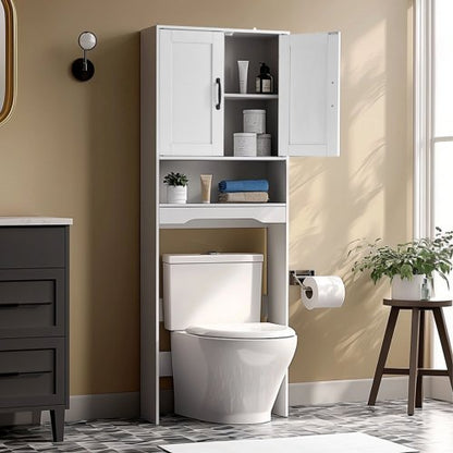Over The Toilet Storage Cabinet, 165.1 cm Height Bathroom Storage Organizer with Double Door and Adjustable Shelf, Bathroom Space Saver Organizer Above Toilet with Open Shelf, White