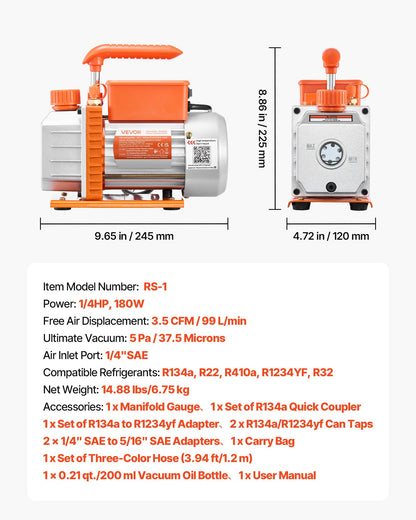 AC Vacuum Pump and Gauge Set, 3.5 CFM 99 L/min, Single Stage Rotary Vane HVAC Vacuum Pump, A/C Manifold Gauge Kit, for R134a R22 R410a R1234YF R32, with Carry Bag, for Auto HVAC Air Conditioning