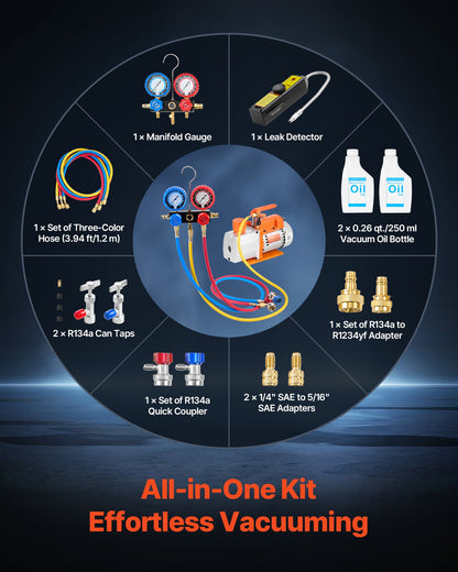 AC Vacuum Pump and Gauge Set, 7 CFM 198 L/min, Two Stage Rotary Vane HVAC Vacuum Pump, A/C Manifold Gauge Kit, for R134a R22 R410a, with Leak Detector Carry Bag, for Auto HVAC Air Conditioning