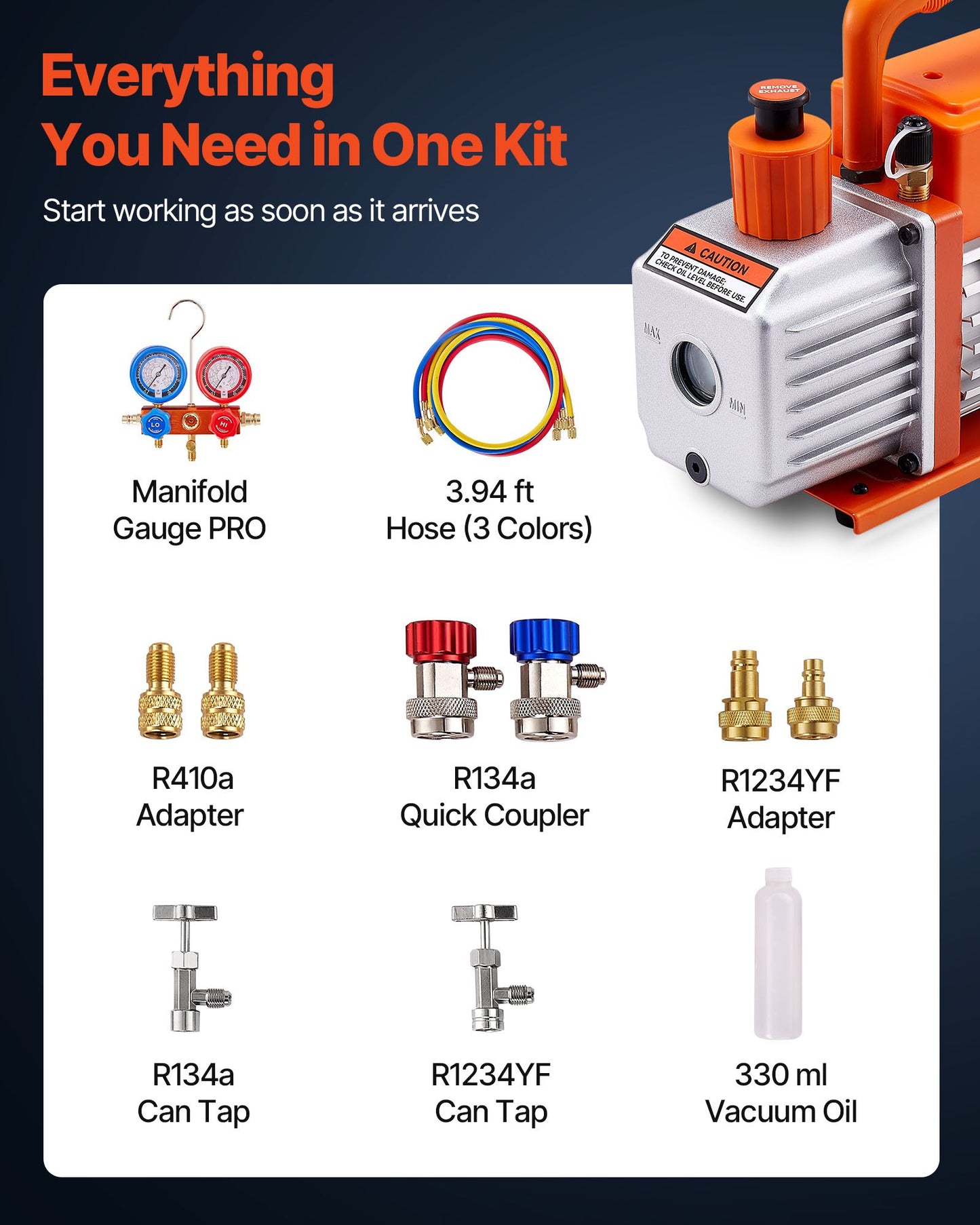 115 L/min AC vakuumpump och mätarsats, enstegs, roterande lamell HVAC luftvakuumpump, A/C köldmediumgrenrörsmätarsats, med läckagedetektor, bärväska, för R134a R22 R410a R1234YF köldmedium