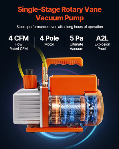 115 L/min AC vakuumpump och mätarsats, enstegs, roterande lamell HVAC luftvakuumpump, A/C köldmediumgrenrörsmätarsats, med läckagedetektor, bärväska, för R134a R22 R410a R1234YF köldmedium