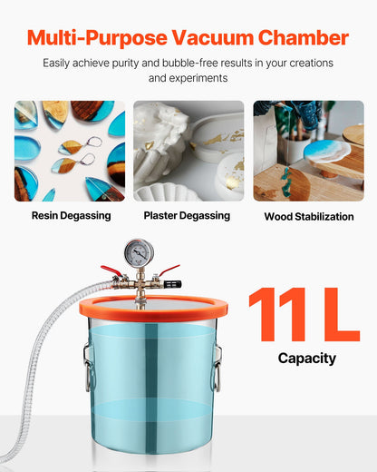 11,36 l vakuumkammare med pump, 110 l/min, rostfritt stål, avgasningskammarsats, enstegsvakuumpump, lock av härdat glas, 1,5 m slang, olja, för stabilisering av träavgasning silikonharts