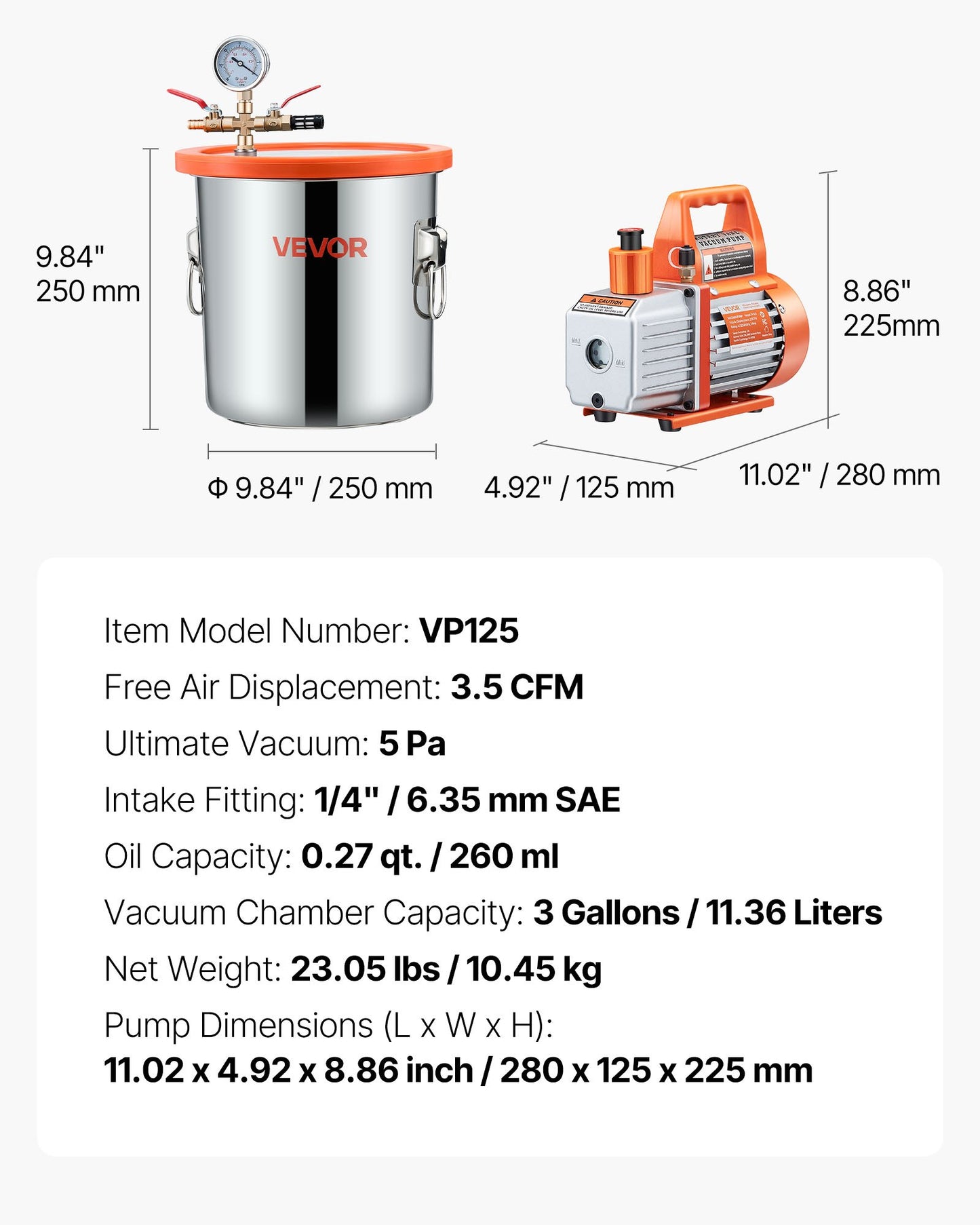 11,36 l vakuumkammare med pump, 110 l/min, rostfritt stål, avgasningskammarsats, enstegsvakuumpump, lock av härdat glas, 1,5 m slang, olja, för stabilisering av träavgasning silikonharts