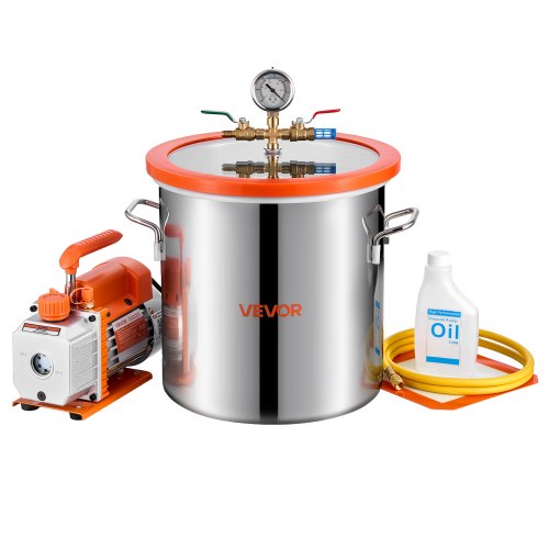 18.93 L Vacuum Chamber with Pump, 3.5 CFM 99 L/min, Single Stage Vacuum Pump, Stainless Steel Degassing Chamber Kit, Tempered Glass Lid, 1.5 m Hose, for Stabilizing Wood Degassing Silicone Resin