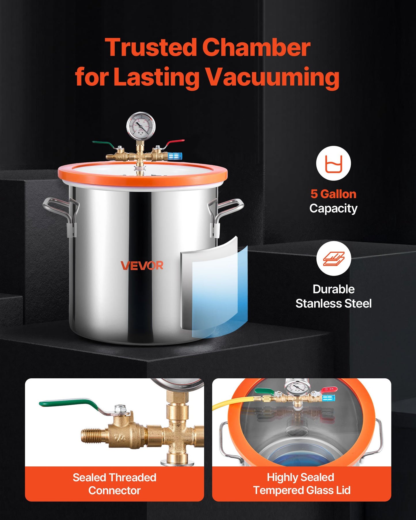 18.93 L Vacuum Chamber with Pump, 3.5 CFM 99 L/min, Single Stage Vacuum Pump, Stainless Steel Degassing Chamber Kit, Tempered Glass Lid, 1.5 m Hose, for Stabilizing Wood Degassing Silicone Resin