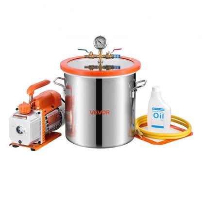 11.36 L Vacuum Chamber with Pump, 3.5 CFM 99 L/min, Single Stage Vacuum Pump, Stainless Steel Degassing Chamber Kit, Tempered Glass Lid, 1.5 m Hose, for Stabilizing Wood Degassing Silicone Resin