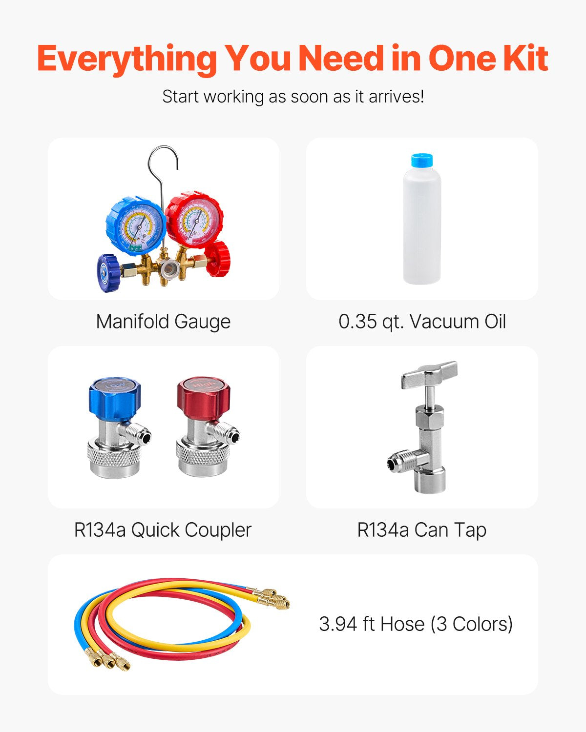 217 L/min (3,5 CFM) AC-vakuumpump och mätarsats, enstegs roterande lamellluftvakuumpump för HVAC, A/C-kylmedelsmanifoldmätarsats, med slangar, luftkonditioneringskylning för R134a, R12, R22, R502a