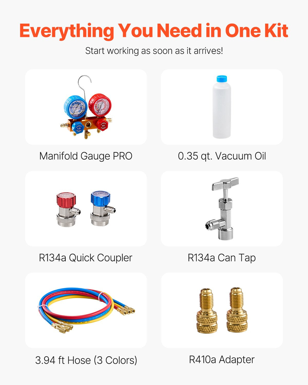 217 L/min (3,5 CFM) AC-vakuumpump och mätarsats, enstegs roterande lamell-HVAC-luftvakuumpump, A/C-kylmedelsmanifoldmätarsats, med slangar, för R134a, R12, R22, R502a, R410A, R404, R407C köldmedier