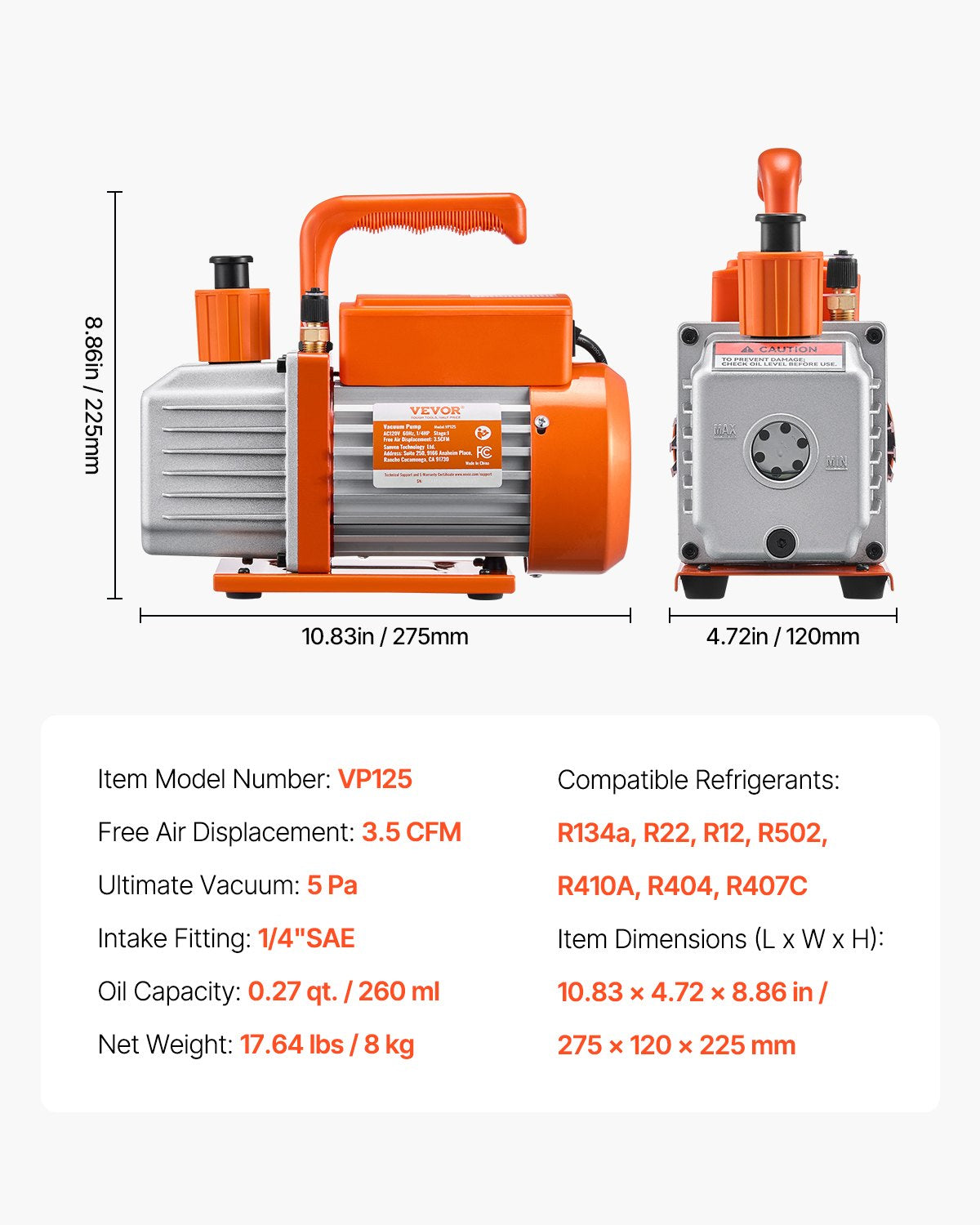 217 L/min (3,5 CFM) AC-vakuumpump och mätarsats, enstegs roterande lamell-HVAC-luftvakuumpump, A/C-kylmedelsmanifoldmätarsats, med slangar, för R134a, R12, R22, R502a, R410A, R404, R407C köldmedier
