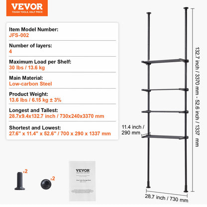 Over the Toilet Storage, 4-Tier Adjustable Over Toilet Bathroom Organizer, Low-carbon Steel 53"-132" Tall Storage Shelf Rack, Easy Assembly Laundry Space Saver, for Small Rooms, Fit Most Toilets