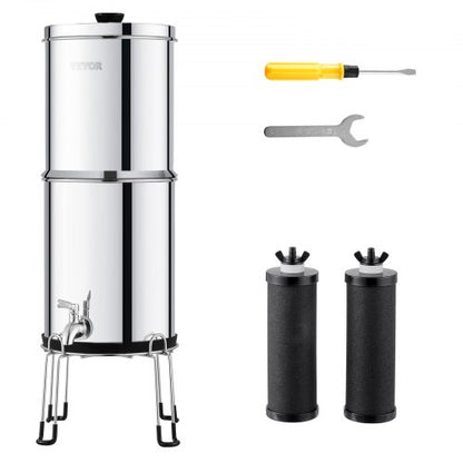 Gravity-fed Water Filter System, 2.25G 304 Stainless-Steel Countertop Water Filtration System, Reduces Lead and up to 99% of Chlorine, with 2 Carbon Filters/Spigot/Stand, for Home Camping RV