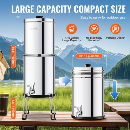 Gravity-fed Water Filter System, 2.25G 304 Stainless-Steel Countertop Water Filtration System, Reduces Lead and up to 99% of Chlorine, with 2 Carbon Filters/Spigot/Stand, for Home Camping RV