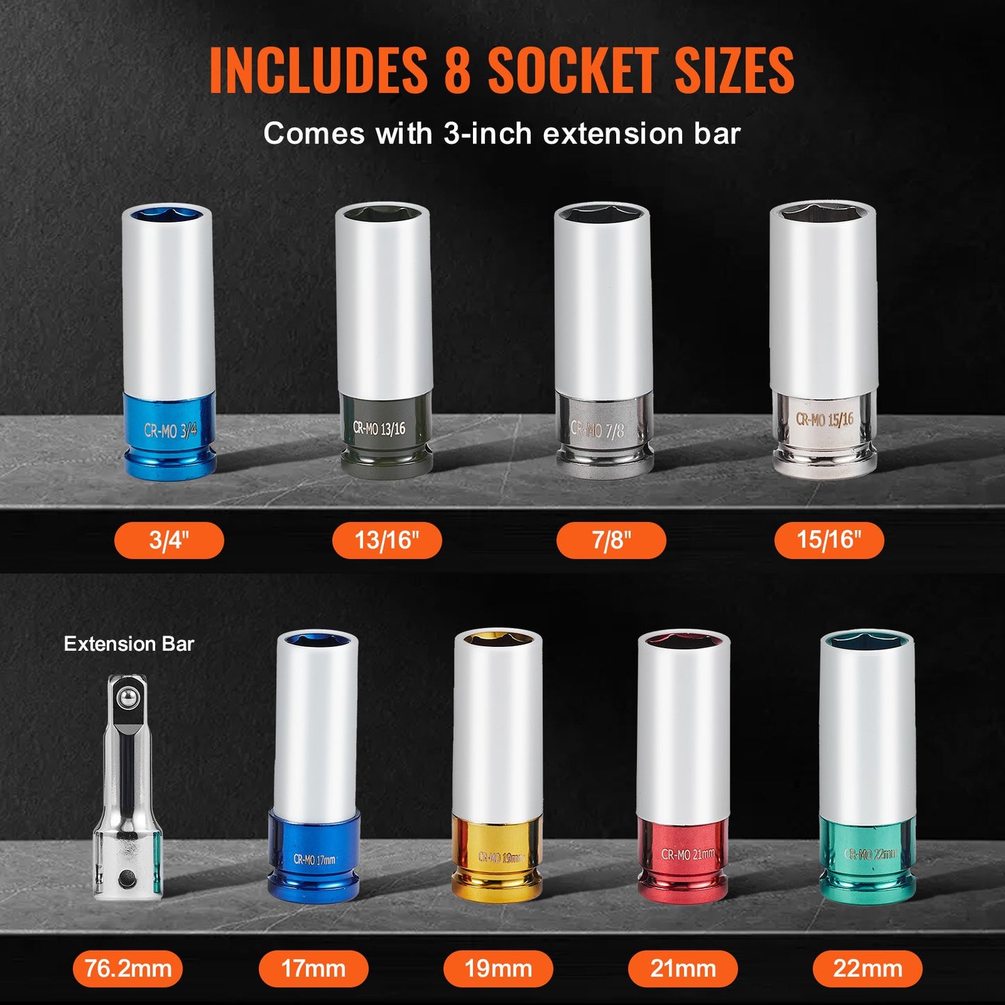 Sats med slaghylsor och hjulmuttrar, 1/2-tums fattning, metrisk och SAE 6-punkts djup hylssats, 8 totala hjulmuttrarstorlekar, CR-MO stålhylshylssats med förvaringsväska och förlängningsstång, för bilreparationer