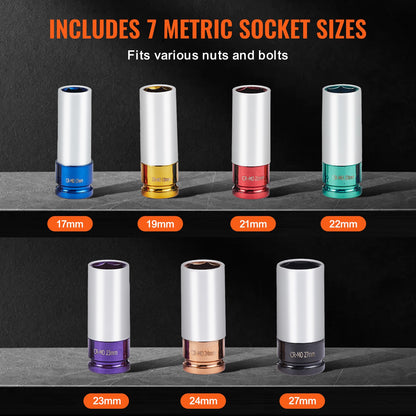 Krafthylsnyckelsats för hjulmuttrar, 1/2-tums fattning, metrisk 6-punkts djup hylsnyckelsats, 7 totala hjulmuttrarstorlekar 17/19/21/22/23/24/27 mm, CR-MO stålhylsnyckelsats för hjul med förvaringsväska, för bilreparationer