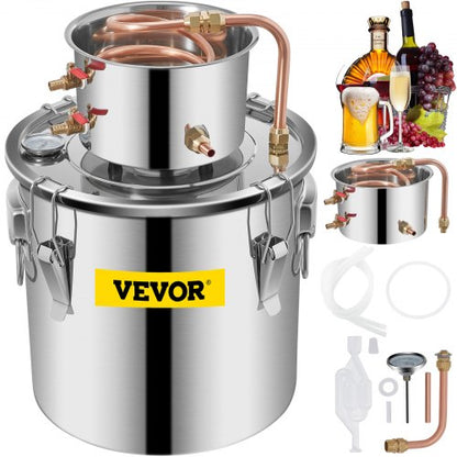 Hembräntstilldestilleri 5Gal 21L rostfritt stål vattendestilleri kopparrör hembryggningssats inbyggd termometer för gör-det-själv whisky vin brandy silver