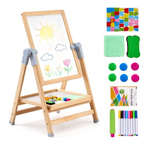 Konststaffli för barn, 2-i-1 trä dubbelsidigt konststaffli för barn med magnetisk whiteboard och svarta tavla, justerbar stående roterbar hopfällbar ritbräda med målartillbehör för pojke och flicka