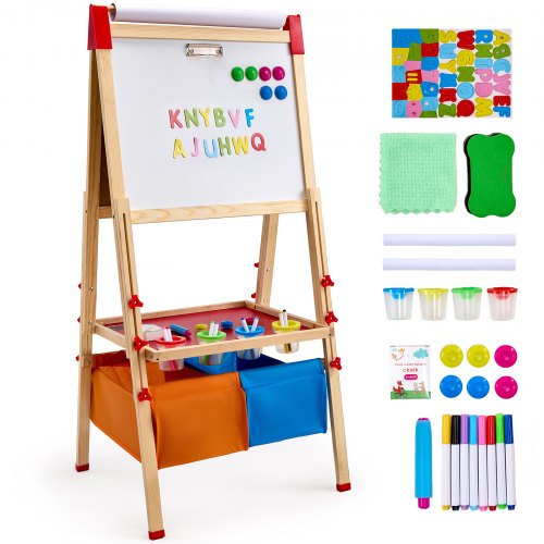 Konststaffli för barn, 3-i-1 trä dubbelsidigt konststaffli för barn med magnetisk whiteboard, svarta tavlor, pappersrulle, justerbar stående ritbräda med målartillbehör, förvaring för pojke och flicka