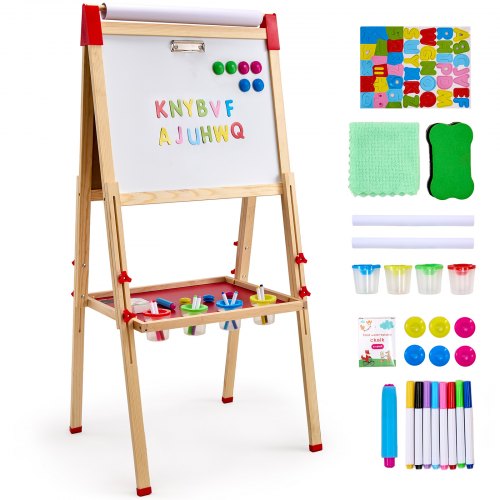 Konststaffli för barn, 3-i-1 trä dubbelsidigt konststaffli för barn med magnetisk whiteboard, svarta tavla och pappersrulle, justerbar stående ritbräda med målartillbehör för pojkar och flickor