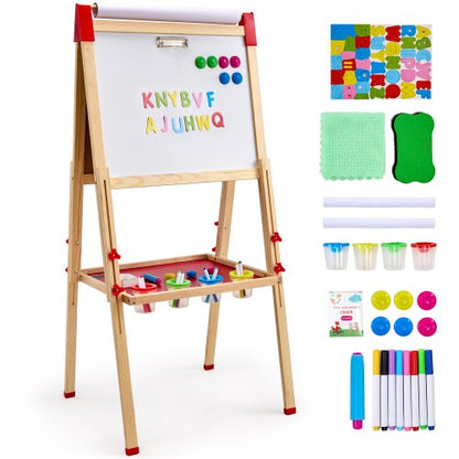 Konststaffli för barn, 3-i-1 trä dubbelsidigt konststaffli för barn med magnetisk whiteboard, svarta tavla och pappersrulle, justerbar stående ritbräda med målartillbehör för pojkar och flickor