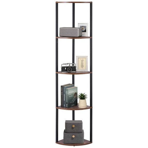 5 Tier Corner Shelf, Tall Corner Stand with LED Light, Wall Shelves Tower Storage Organizer with Metal Frame & Wooden Shelves, Narrow Display Book Shelf Rack for Bedroom, Living Room, Office