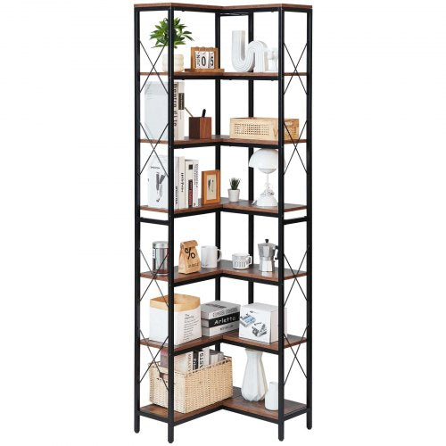 7 Tier Corner Bookshelf, Tall Corner Bookcase Strage, Large L-Shaped Bookshelf Organizer with Metal Frame & Wooden Shelves, Reversible Display Book Shelf Rack for Bedroom, Living Room, Office