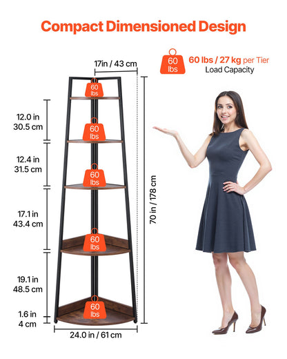 Hörnhylla med 5 våningar, hög hörnbokhylla med växter, vägghyllor, förvaringsorganisatör med metallram och trähyllor, smal displaybokhylla för sovrum, vardagsrum, kontor