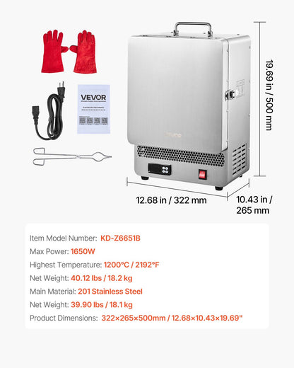 Elektrisk smältugn, 1650W digital smältugn, elektrisk ugn med maxtemperatur 2192℉/1200℃ för gjutning av förlorat vax, lera DIY, metallglödgning, keramikbränning, PID-temperaturkontroll