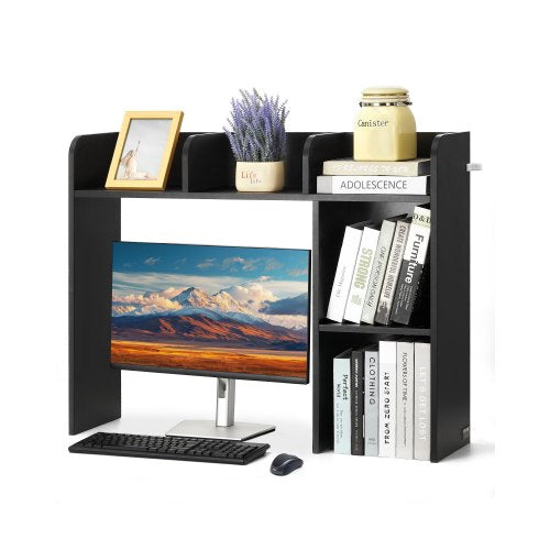 Desktop Bookshelf, 2-Tier Desktop Storage Organizer, 37.2" x 9.5" x 28.9" Office Storage Rack Wood Display Shelf, Desktop Bookshelf Hutch with Anti-Slip Feet Pads, for Office, Home & Dorm, Black