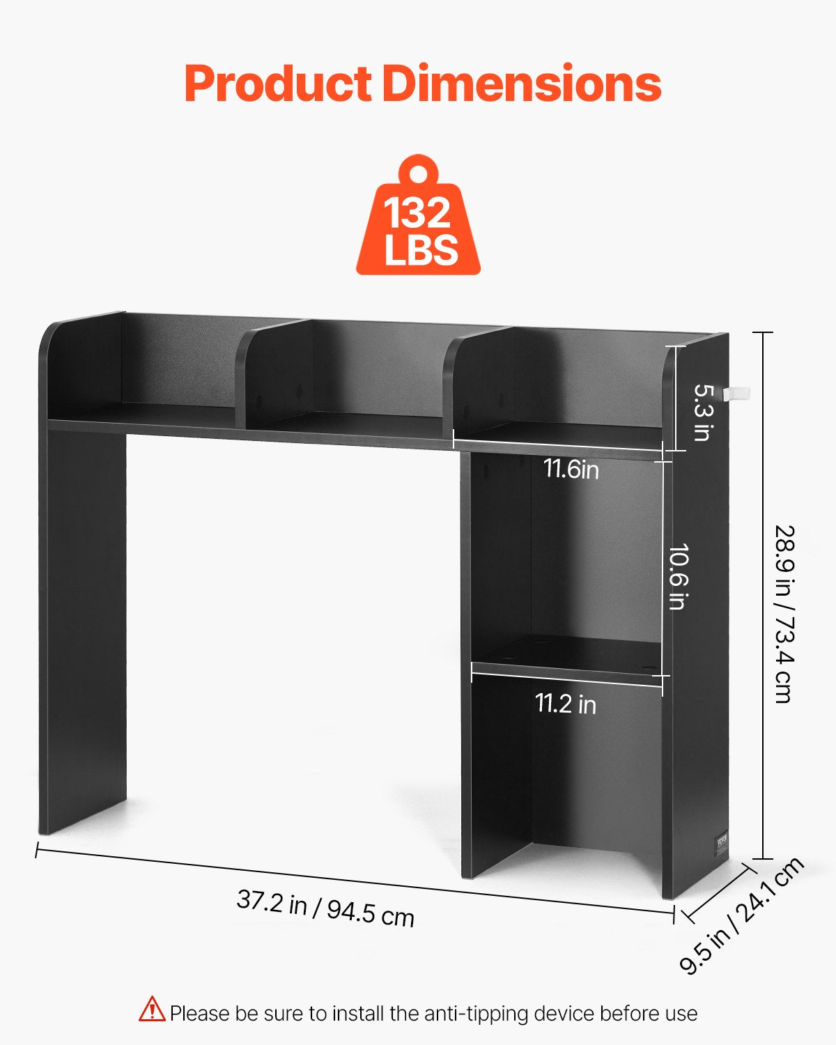 Desktop Bookshelf, 2-Tier Desktop Storage Organizer, 37.2" x 9.5" x 28.9" Office Storage Rack Wood Display Shelf, Desktop Bookshelf Hutch with Anti-Slip Feet Pads, for Office, Home & Dorm, Black