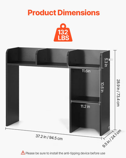 Desktop Bookshelf, 2-Tier Desktop Storage Organizer, 37.2" x 9.5" x 28.9" Office Storage Rack Wood Display Shelf, Desktop Bookshelf Hutch with Anti-Slip Feet Pads, for Office, Home & Dorm, Black