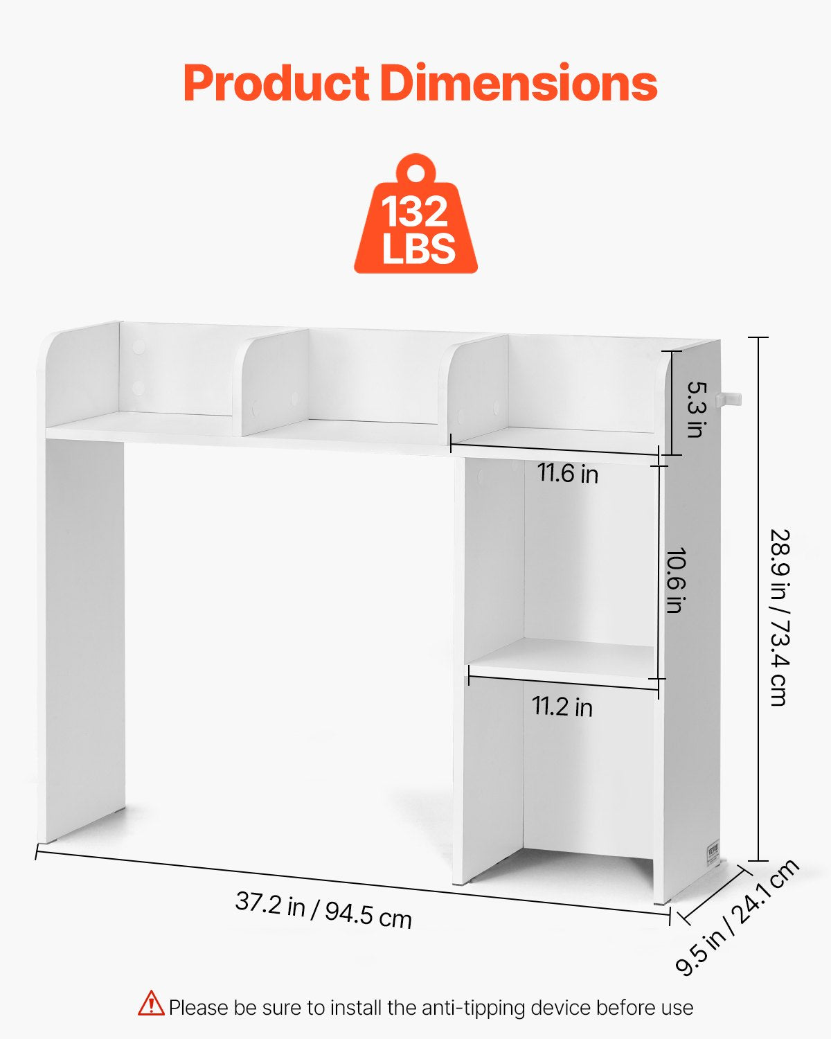 Skrivbordsbokhylla, förvaringsorganisatör i två nivåer, 91,5 x 23,5 x 61,5 cm förvaringsställ i trä, bokhylla med halkfria fötter, för kontor, hem och studentrum, vit