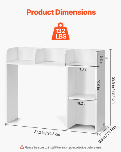 Skrivbordsbokhylla, förvaringsorganisatör i två nivåer, 91,5 x 23,5 x 61,5 cm förvaringsställ i trä, bokhylla med halkfria fötter, för kontor, hem och studentrum, vit