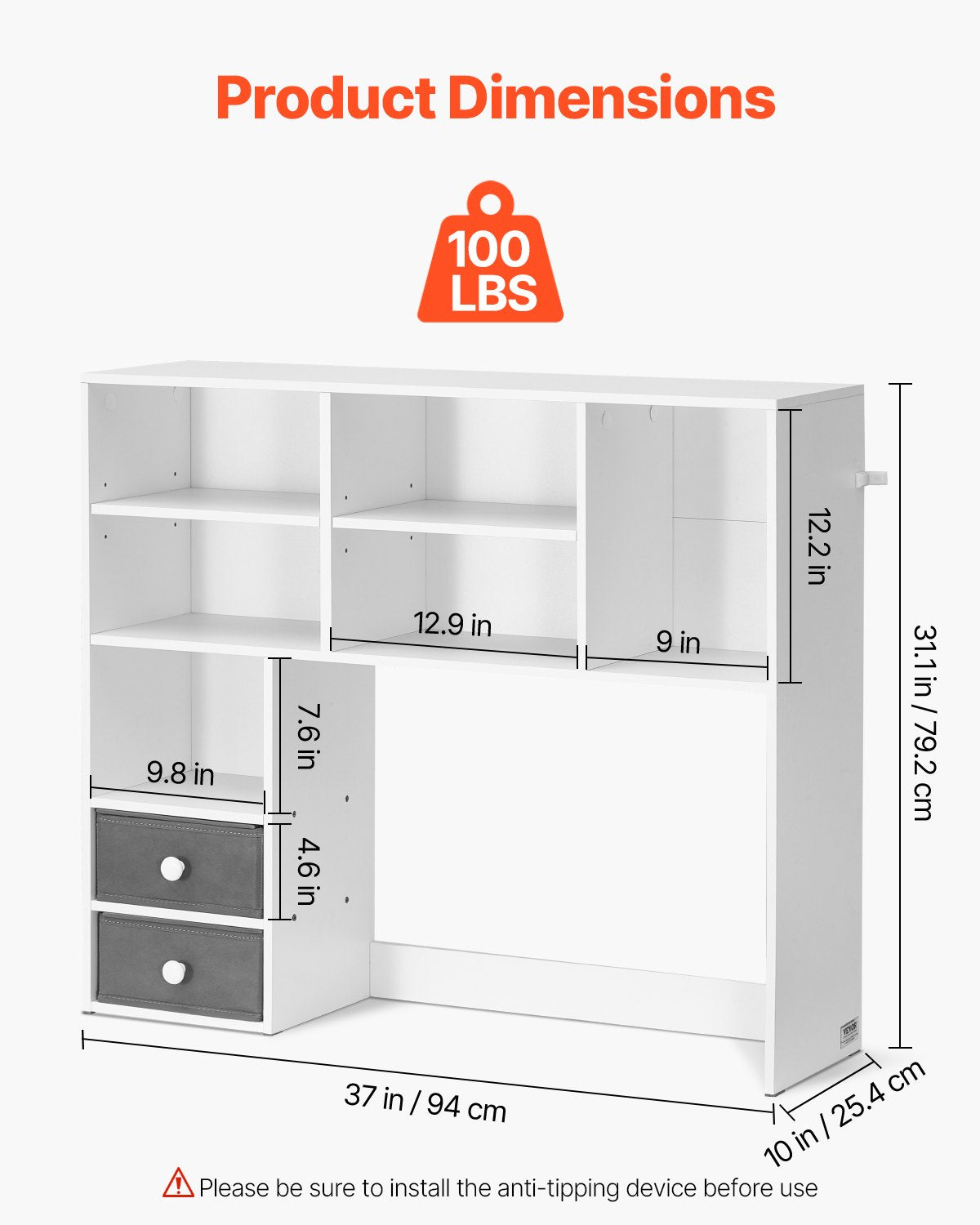 Skrivbordsbokhylla, förvaringsorganisatör med 3 våningar, 91 x 25 x 84 cm för kontor, trähylla med två tyglådor, för kontor, hem och studentrum, vit
