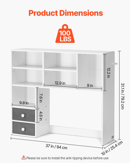 Skrivbordsbokhylla, förvaringsorganisatör med 3 våningar, 91 x 25 x 84 cm för kontor, trähylla med två tyglådor, för kontor, hem och studentrum, vit