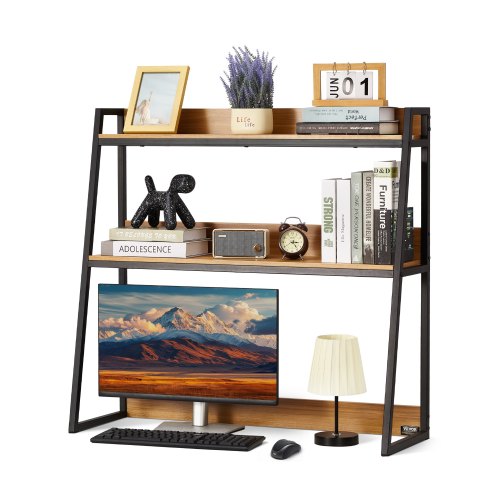 Skrivbordsbokhylla, förvaringsorganisatör med två nivåer, 94 x 30 x 89 cm för kontor, träfärgad displayhylla, bokhylla med halkfria fötter, för kontor, hem och studentrum
