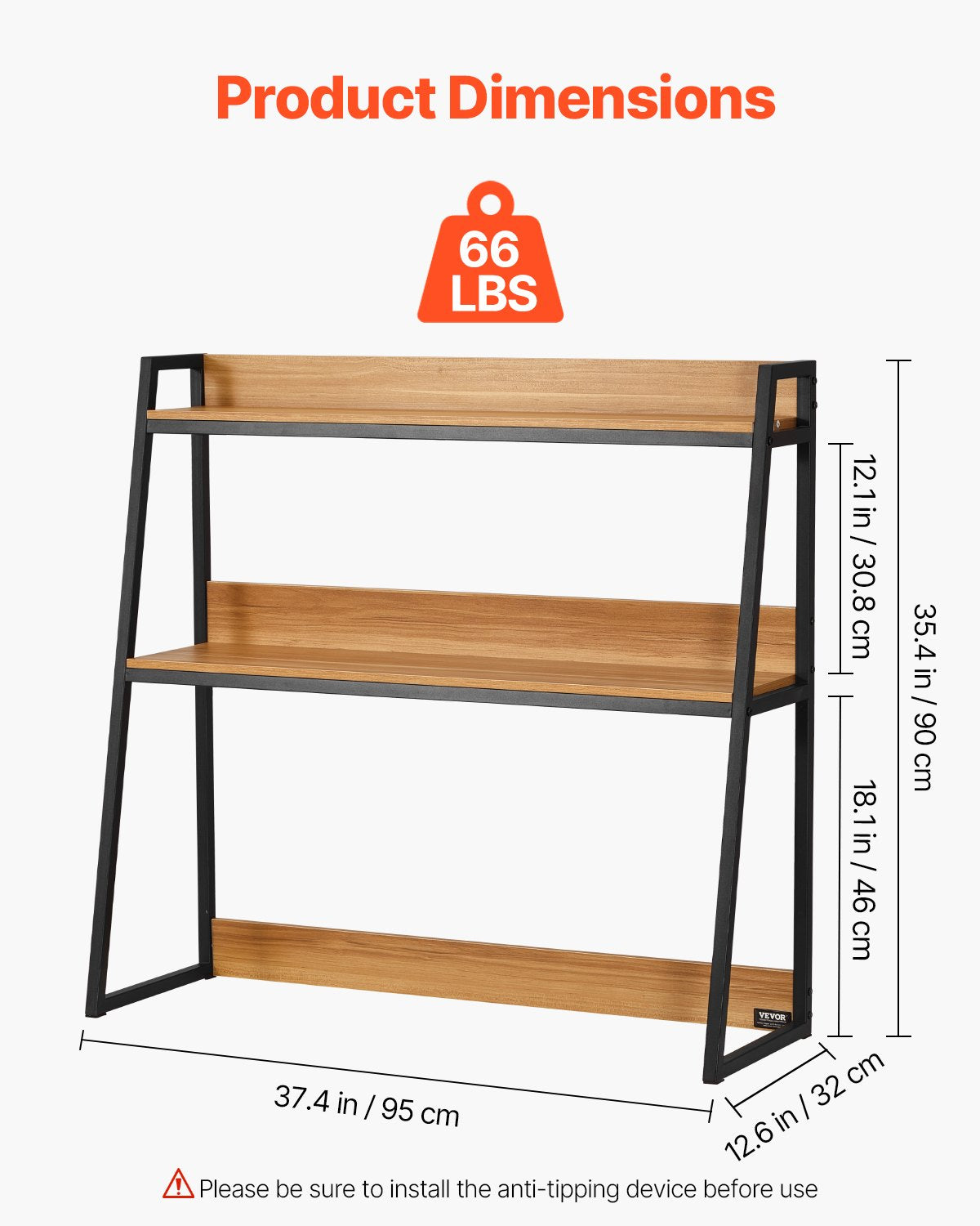 Skrivbordsbokhylla, förvaringsorganisatör med två nivåer, 94 x 30 x 89 cm för kontor, träfärgad displayhylla, bokhylla med halkfria fötter, för kontor, hem och studentrum