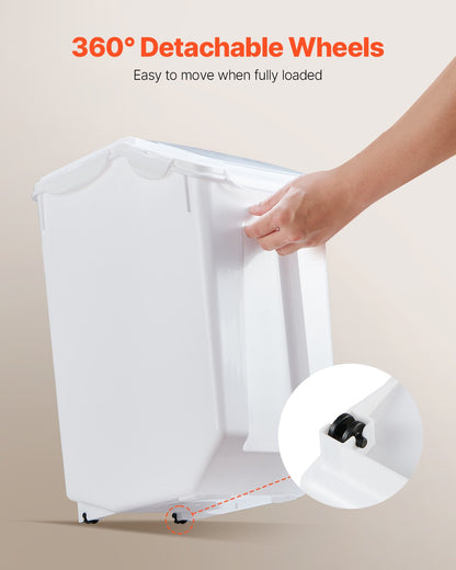 Risförvaringsbehållare, 3,5 gallon/15 l x 2 + 4,5 gallon/20 l x 2 stor hundmatsbehållare, flingbehållare för köksingredienser, behållare för husdjursfoder med hjul, 4 måttkoppar, lufttätt lock, 4-pack