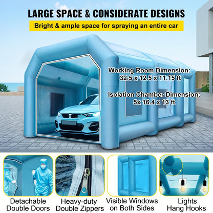 Uppblåsbart tält 999,2 x 498,5 x 399,3 cm Uppblåsbart sprutboxtält Uppblåsbart målarboxtält Billackeringsbox Jättestor arbetsstation 210D Oxfordtyg med 2 blåsmaskiner