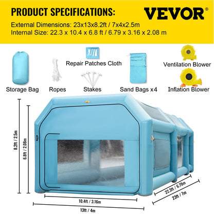 Uppblåsbar sprutbox för billackering 7 x 4 x 2,5 m filtersystem 2 blåsmaskiner