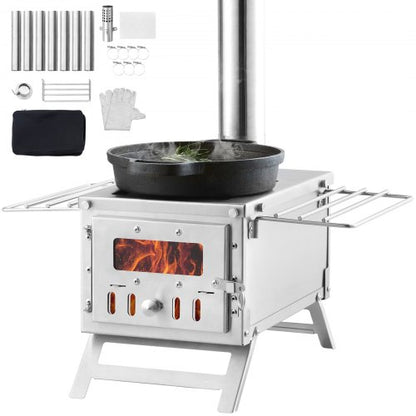 Wood Stove, 203.20 cm, Stainless Steel Camping Tent Stove, Portable Wood Burning Stove with Chimney Pipes & Gloves, 11471 cm³ Firebox Hot Tent Stove for Outdoor Cooking and Heating with 8 Pipes