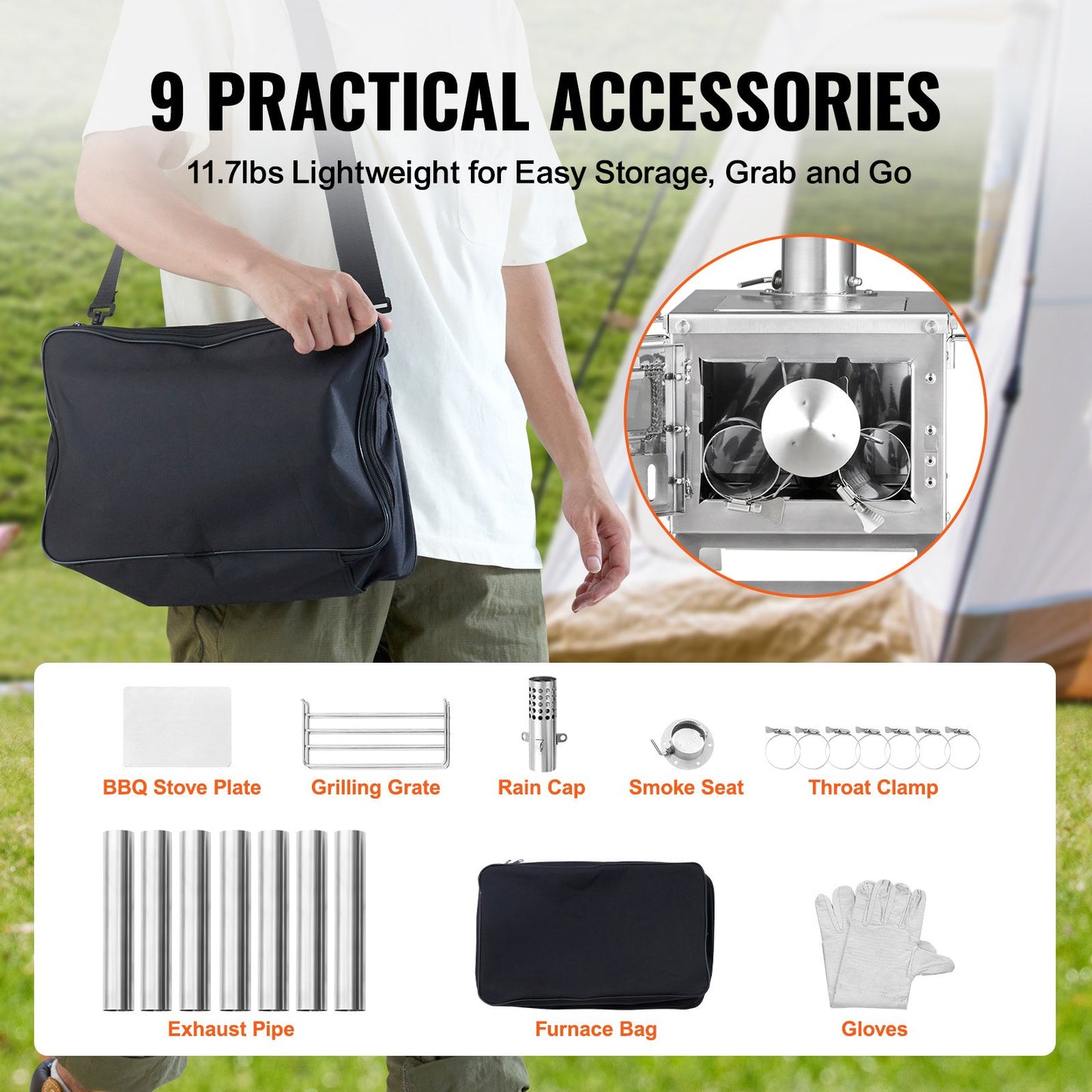 Wood Stove, 203.20 cm, Stainless Steel Camping Tent Stove, Portable Wood Burning Stove with Chimney Pipes & Gloves, 11471 cm³ Firebox Hot Tent Stove for Outdoor Cooking and Heating with 8 Pipes