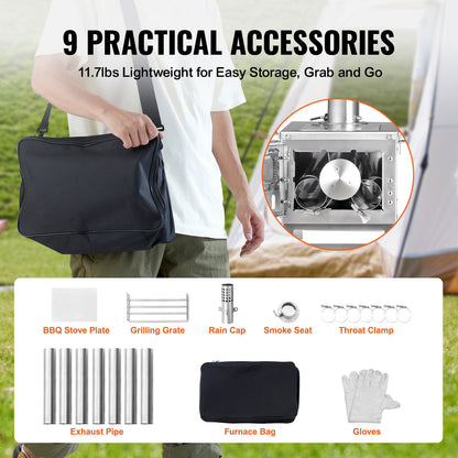 Wood Stove, 203.20 cm, Stainless Steel Camping Tent Stove, Portable Wood Burning Stove with Chimney Pipes & Gloves, 11471 cm³ Firebox Hot Tent Stove for Outdoor Cooking and Heating with 8 Pipes