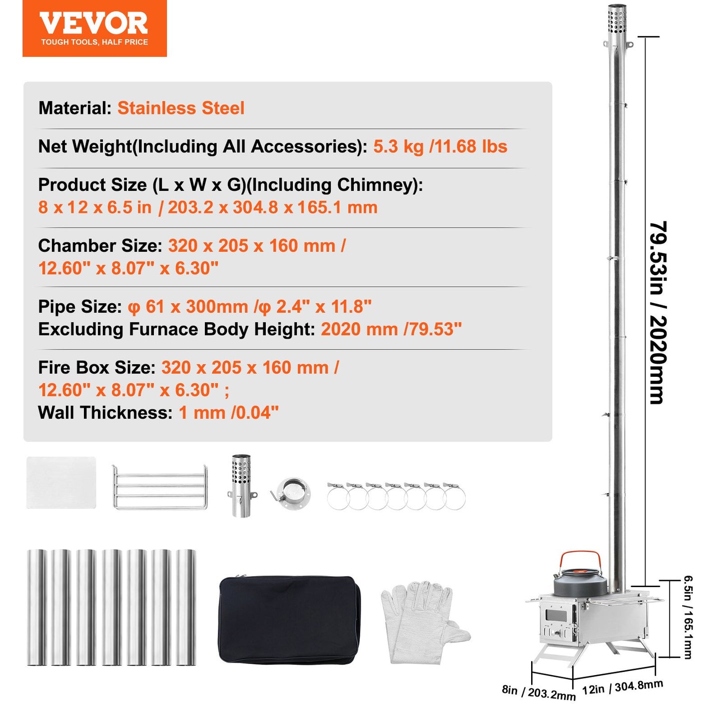 Wood Stove, 203.20 cm, Stainless Steel Camping Tent Stove, Portable Wood Burning Stove with Chimney Pipes & Gloves, 11471 cm³ Firebox Hot Tent Stove for Outdoor Cooking and Heating with 8 Pipes