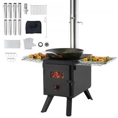 Vedspis, 218,4 cm, campingtältkök i legerat stål, bärbar vedspis med skorstensrör och handskar, 22941,9 cm³ eldstad, tältkök för matlagning och uppvärmning utomhus med 8 rör