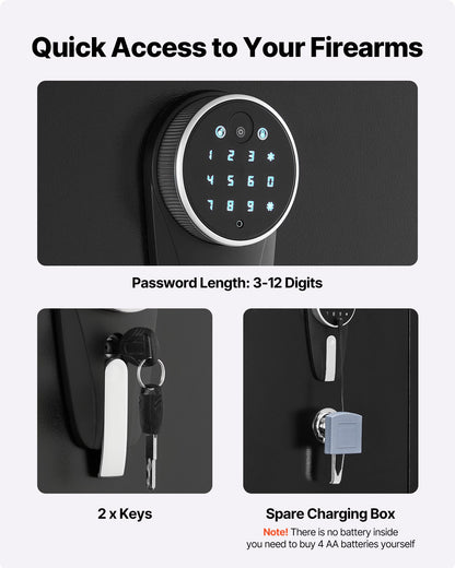 Skåp för 4 vapen, långt vapenskåp för gevär och pistoler, snabbtillgängligt gevärskåp med 2 ammunitionsfack, 2 pistolfickor och 2 justerbara ställ, stort digitalt skåp med nyckel- och lösenordslås