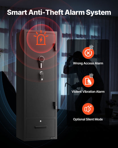 Skåp för 4 vapen, långt vapenskåp för gevär och pistoler, snabbtillgängligt gevärskåp med 2 ammunitionsfack, 2 pistolfickor och 2 justerbara ställ, stort digitalt skåp med nyckel- och lösenordslås