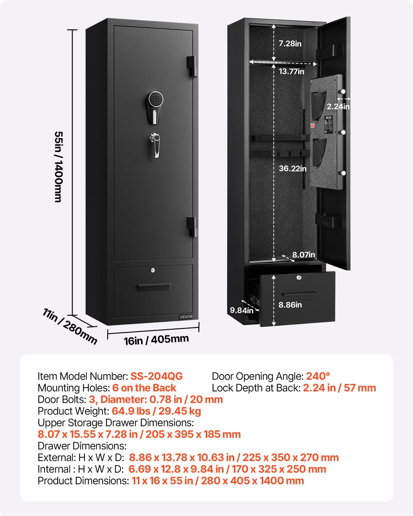 Skåp för 4 vapen, långt vapenskåp för gevär och pistoler, snabbtillgängligt gevärskåp med 2 ammunitionsfack, 2 pistolfickor och 2 justerbara ställ, stort digitalt skåp med nyckel- och lösenordslås