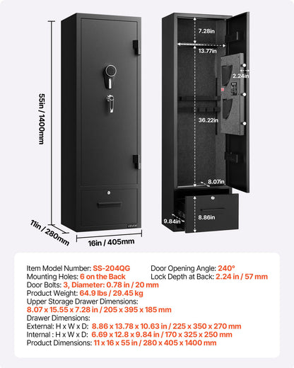 Skåp för 4 vapen, långt vapenskåp för gevär och pistoler, snabbtillgängligt gevärskåp med 2 ammunitionsfack, 2 pistolfickor och 2 justerbara ställ, stort digitalt skåp med nyckel- och lösenordslås