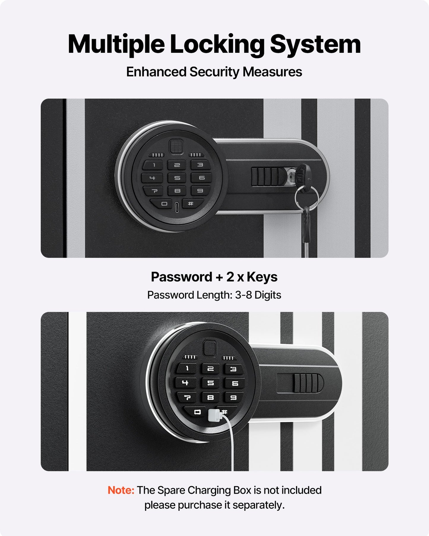 Skåp för 4 vapen, långt vapenskåp för gevär och pistoler, snabbtillgängligt gevärskåp med 3 ammunitionsfack och 2 justerbara ställ, stort digitalt skåp med nyckel- och lösenordslås