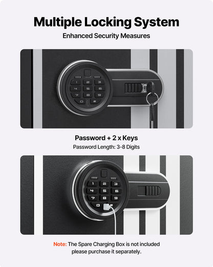 Skåp för 4 vapen, långt vapenskåp för gevär och pistoler, snabbtillgängligt gevärskåp med 3 ammunitionsfack och 2 justerbara ställ, stort digitalt skåp med nyckel- och lösenordslås